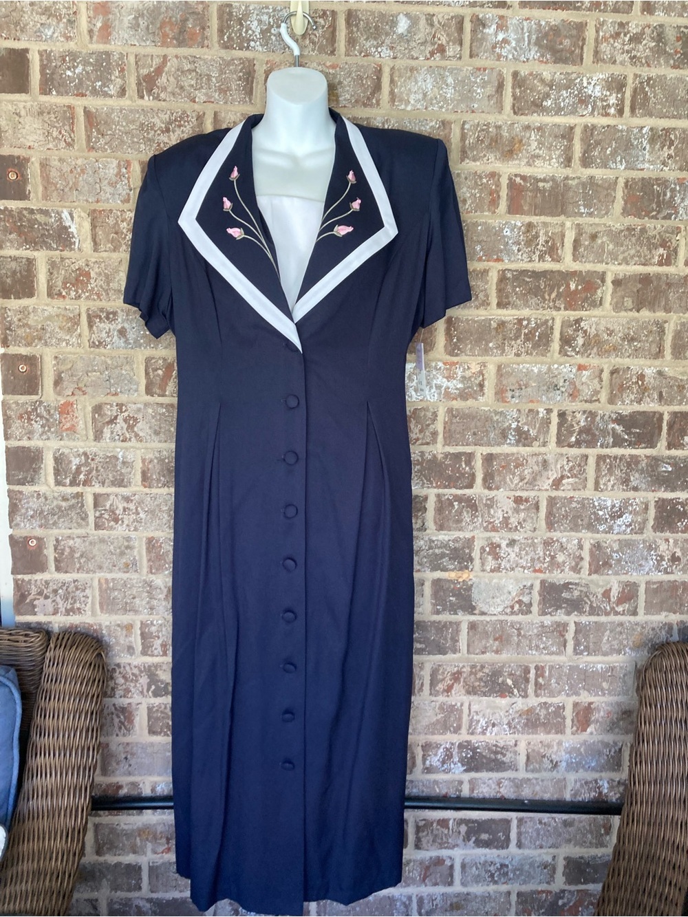 Vintage Miss Dorby Maxi Dress Navy Tulips collared Padded shouldered Size 18 NWT